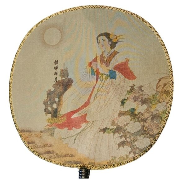 Vintage Fan Silk Hand-Painted Japanese Round Bamboo Handle & Moonlit Lady Design - Picture 8 of 8